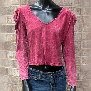 7 For All Mankind Puff Shoulder V-Neck Long Sleeve Stone Washed Cropped Top Sz S